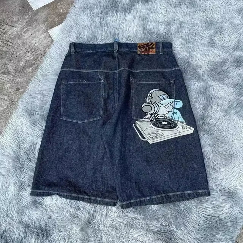 Y2K Jeans Men Women Hip Hop Cartoon Graphics Streetwear Retro Patchwork Denim Short Retro Blue Loose Denim Fitness Casual Shorts