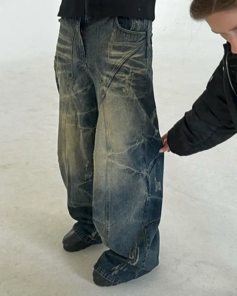 Y2K Jeans Retro Distressed High Waisted Baggy Jeans Punk Hip Hop Men Women Wide Leg Straight Denim Pants Slouchy Streetwear