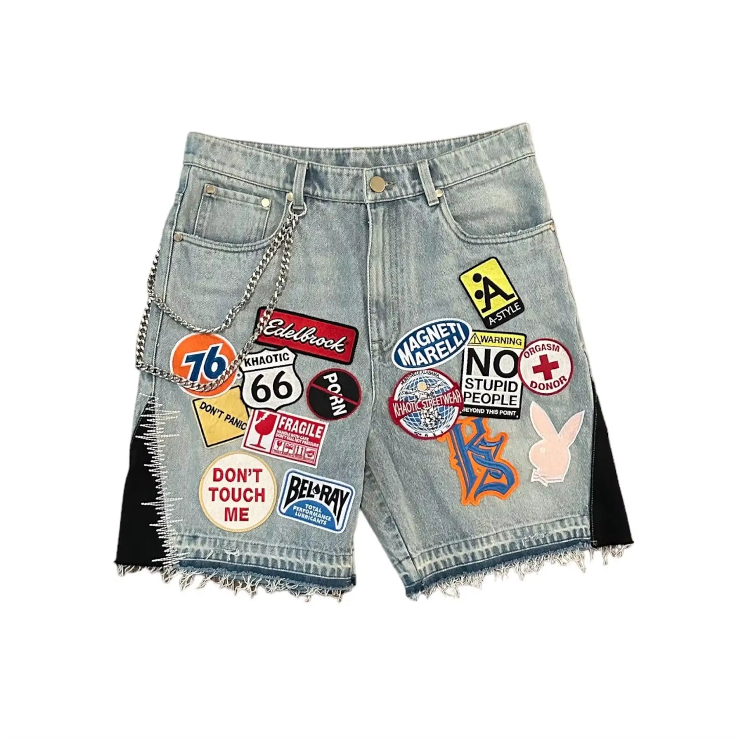 Y2K Jeans Men Women Hip Hop Cartoon Graphics Streetwear Retro Patchwork Denim Short Retro Blue Loose Denim Fitness Casual Shorts