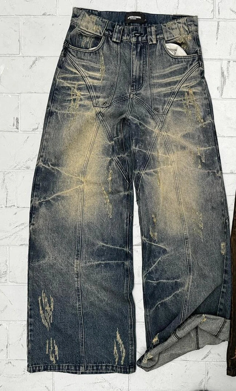 Y2K Jeans Retro Distressed High Waisted Baggy Jeans Punk Hip Hop Men Women Wide Leg Straight Denim Pants Slouchy Streetwear