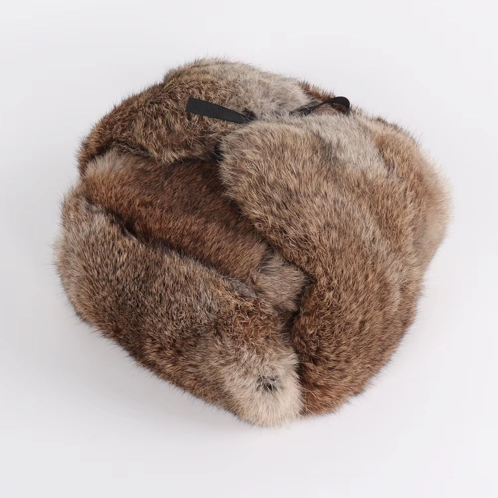 New Arrival Russian Rabbit Fur Trapper Hats for Men Thick Male Winter Real Rabbit Fur Hat Full Pelt Outdoor Bomber Real Fur Cap