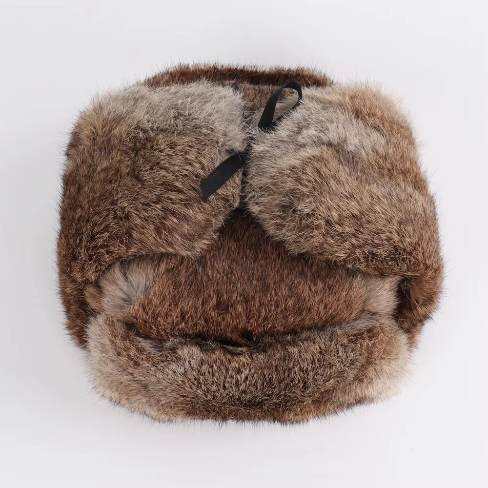 New Arrival Russian Rabbit Fur Trapper Hats for Men Thick Male Winter Real Rabbit Fur Hat Full Pelt Outdoor Bomber Real Fur Cap