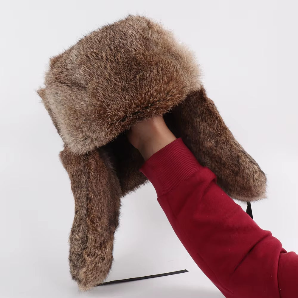 New Arrival Russian Rabbit Fur Trapper Hats for Men Thick Male Winter Real Rabbit Fur Hat Full Pelt Outdoor Bomber Real Fur Cap