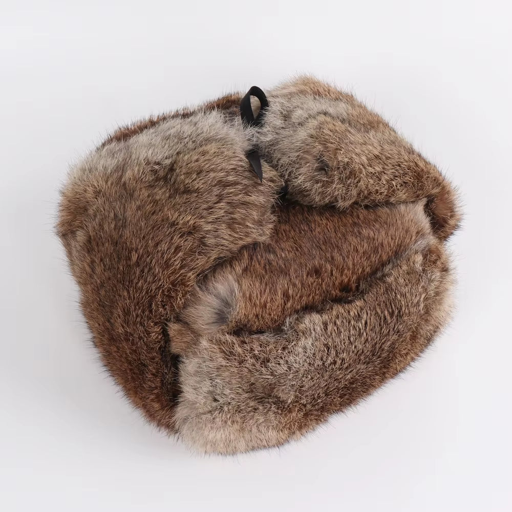 New Arrival Russian Rabbit Fur Trapper Hats for Men Thick Male Winter Real Rabbit Fur Hat Full Pelt Outdoor Bomber Real Fur Cap