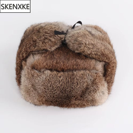 New Arrival Russian Rabbit Fur Trapper Hats for Men Thick Male Winter Real Rabbit Fur Hat Full Pelt Outdoor Bomber Real Fur Cap