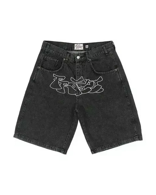 Y2K Jeans Men Women Hip Hop Cartoon Graphics Streetwear Retro Patchwork Denim Short Retro Blue Loose Denim Fitness Casual Shorts